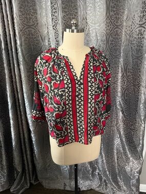 Velvet by Graham & Spencer: Linen & lined Red and Black Printed Peasant Blouse